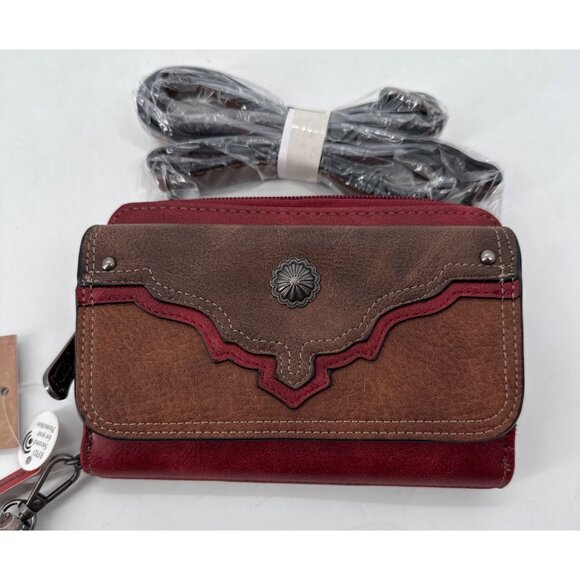 Justin Womens Crossbody Clutch Wristlet RFID-Blocking Brown Red 3 Way New - Picture 2 of 7